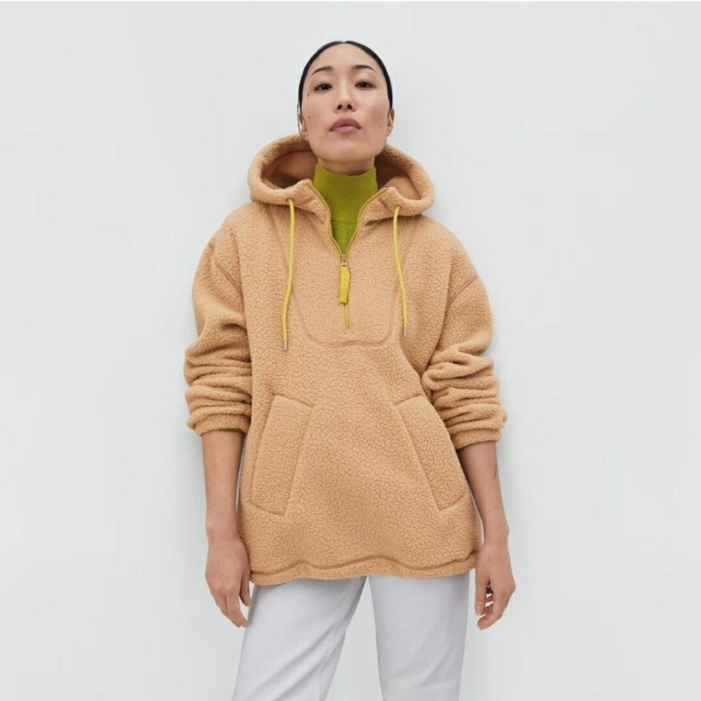 Everlane The ReNew Fleece Hoodie Pullover Pockets Camel Brown, Size L